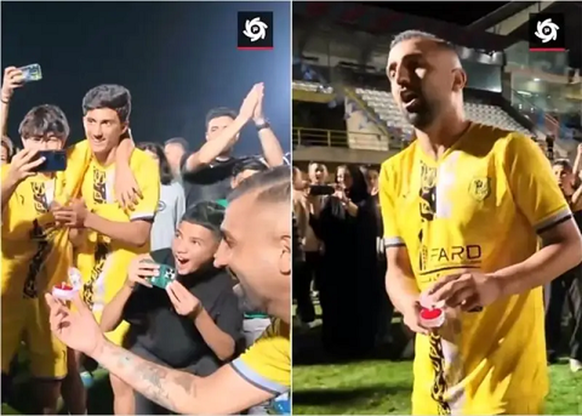 خواستگاری فوتبالیست ایرانی از نامزدش در زمین چمن!+ فیلم