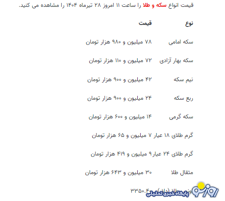 قیمت جدید طلا و سکه ۲۸ تیرماه ۱۴۰۴