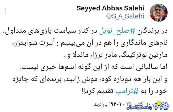 صالحی: جایزه صلح نوبل آلوده به سیاست‌بازی شد!