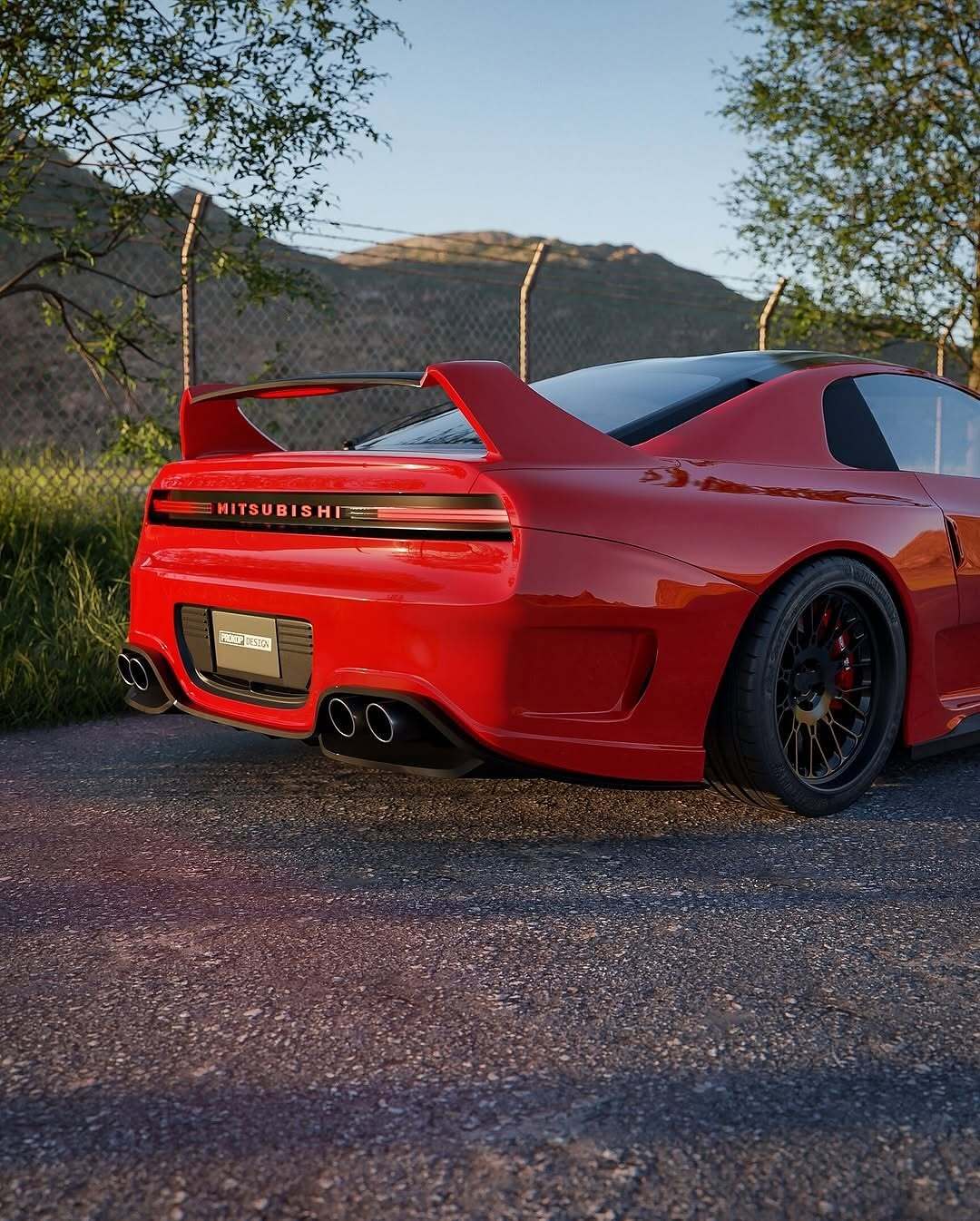 تصویری کامپیوتری و رندر شده از طرح مفهومی میتسوبیشی ۳۰۰۰GT با بازطراحی مدرن، بدنه عریض، چراغ‌های LED و رینگ‌های مشکی، که توسط روستیسلاو پروکوپ به عنوان یک سوپر GT برای سال ۲۰۲۵ بازآفرینی شده است.