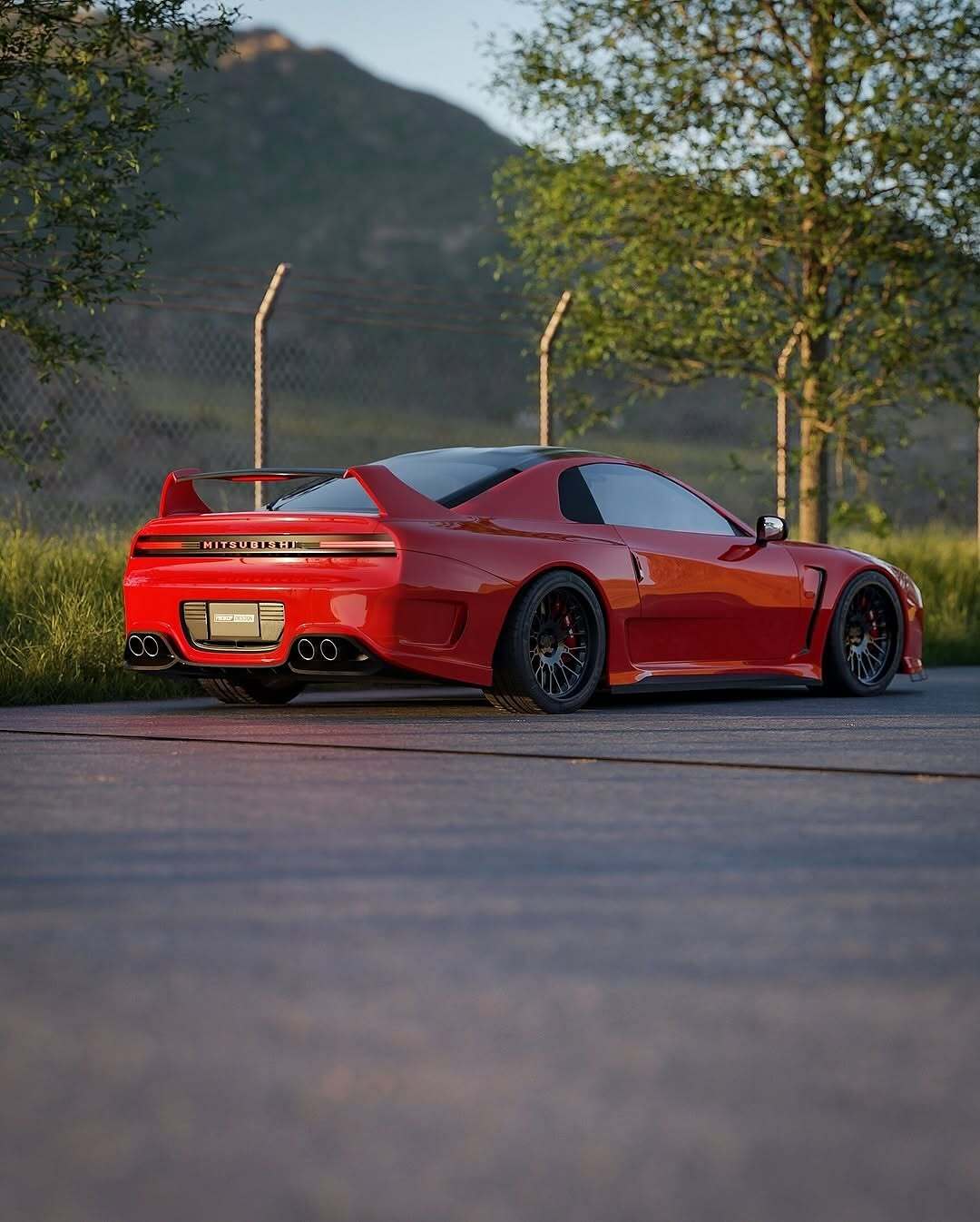 تصویری کامپیوتری و رندر شده از طرح مفهومی میتسوبیشی ۳۰۰۰GT با بازطراحی مدرن، بدنه عریض، چراغ‌های LED و رینگ‌های مشکی، که توسط روستیسلاو پروکوپ به عنوان یک سوپر GT برای سال ۲۰۲۵ بازآفرینی شده است.